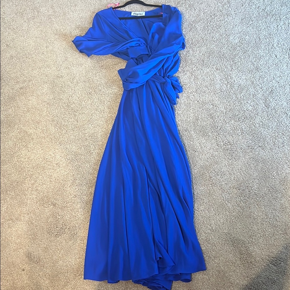 Meghan LA Blue Asymmetrical Ruffled Maxi Dress